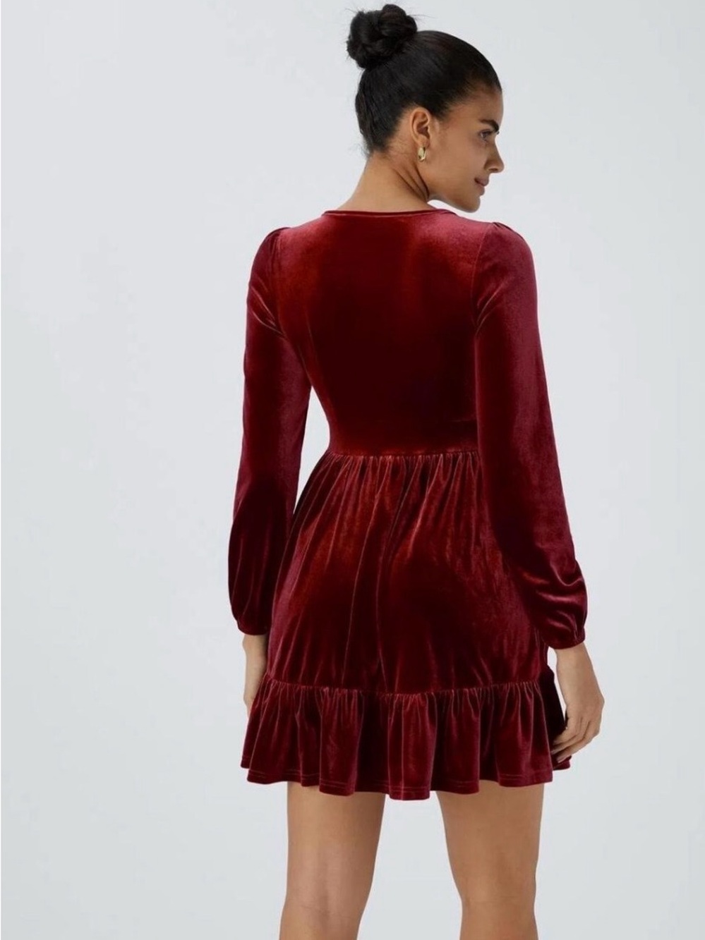HALARA Burgundy Velvet Deep VNeck Mini Ruffled Party Glam Cocktail Dress Renfare - Picture 2 of 6